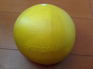 このボールがソフトジム。直径約２０ｃｍ。表面が柔らかく、押すと伸びる。代替品は１００円ショップでも購入可能。